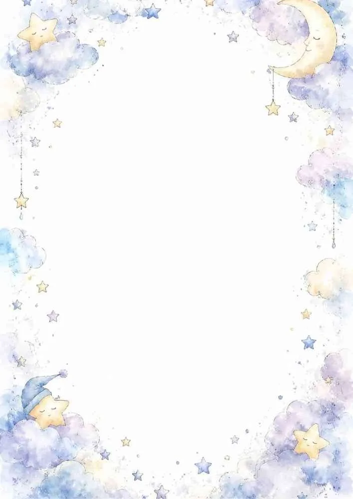 Pastel border with sleepy stars, moon, clouds, and blank center.