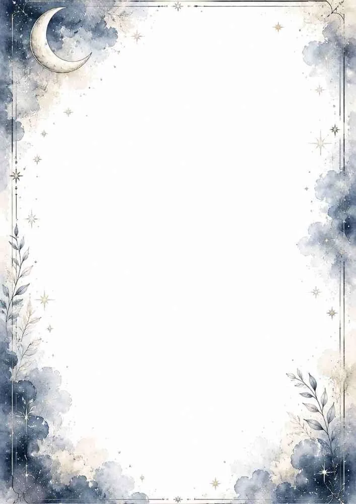 Blue watercolor border with a crescent moon, clouds, leaves, and blank center.