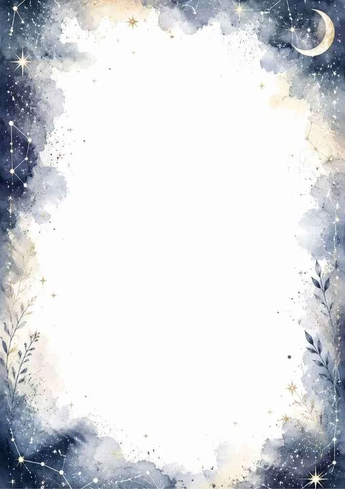 Night sky border with constellations, moon, stars, leaves, and blank center.