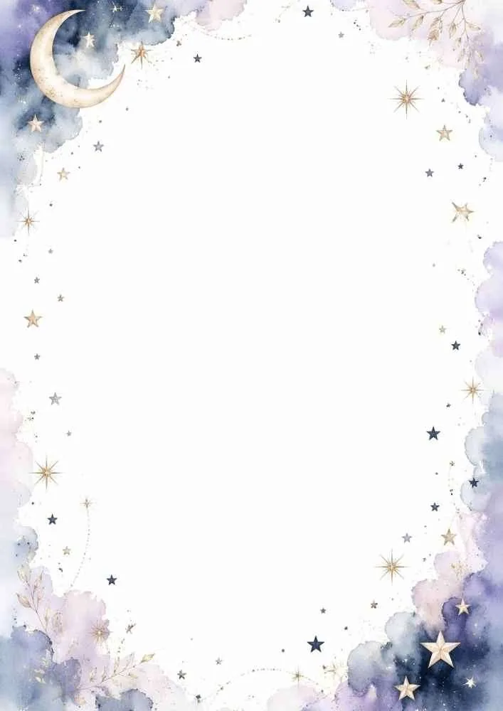 Purple watercolor border with moon, stars, clouds, and blank center.