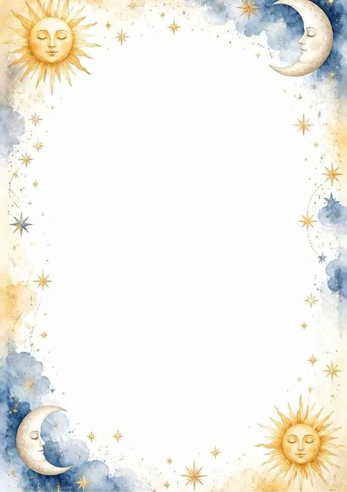 Celestial border with sun, moons, clouds, stars, and blank center.