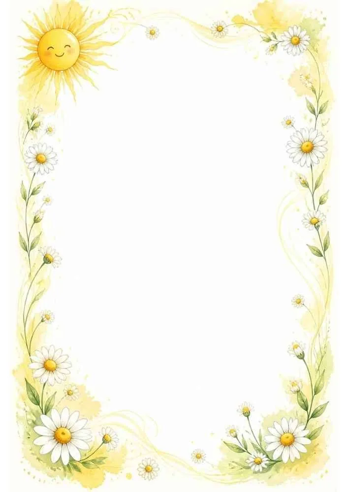 Floral border with smiling sun, daisies, leaves, and blank center.