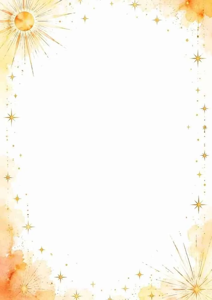 Watercolor border with golden starbursts and blank center.