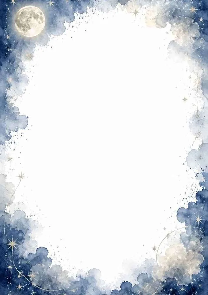 Night sky border with full moon, blue clouds, stars, and blank center.