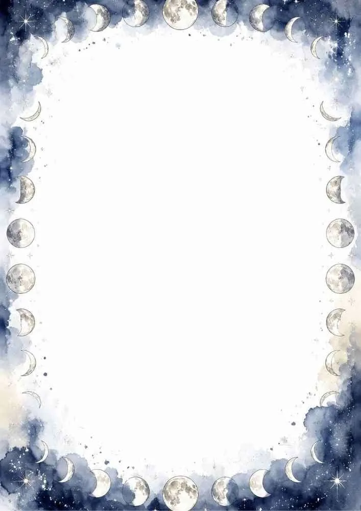 Border with moon phases, clouds, stars, and blank center.