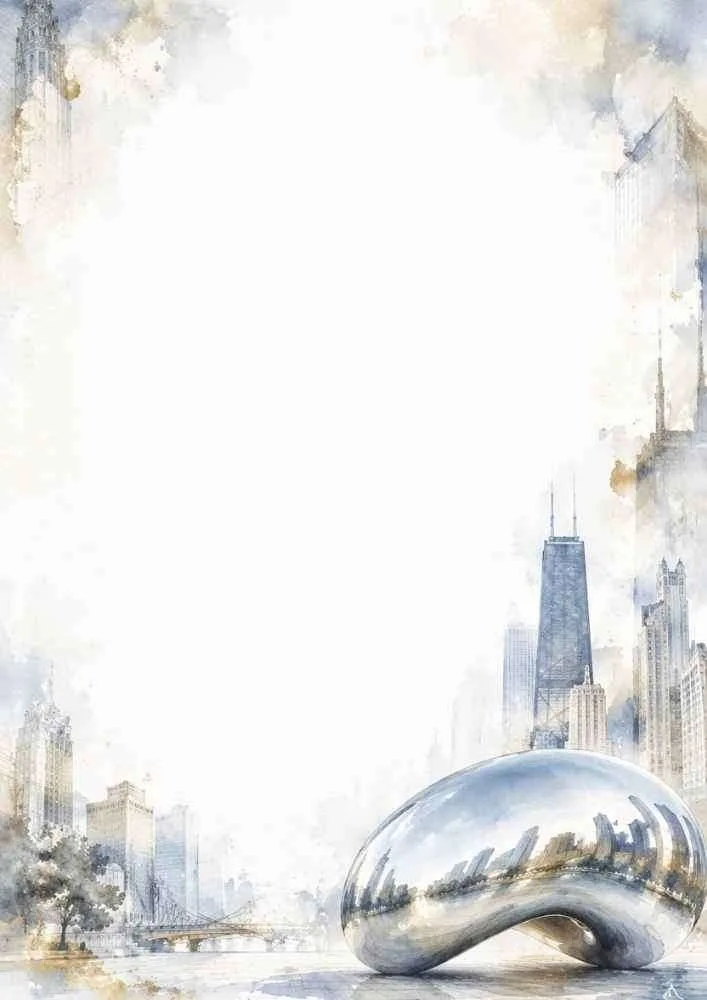 Watercolor Chicago border with Cloud Gate, skyline, and open center.
