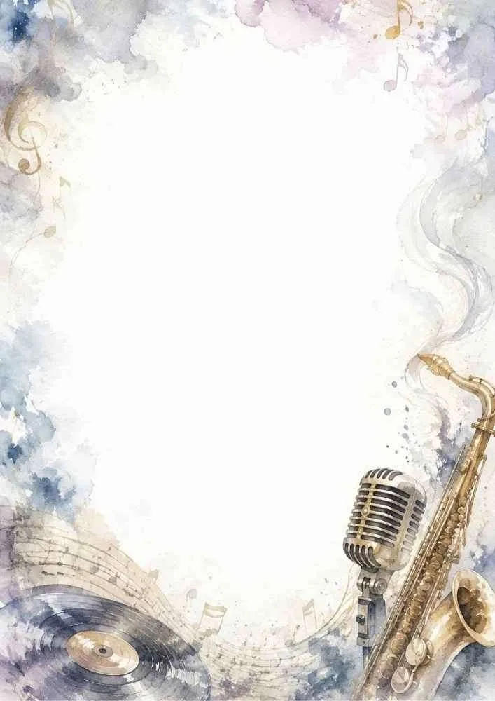 Watercolor border with saxophone, microphone, record, and music notes.