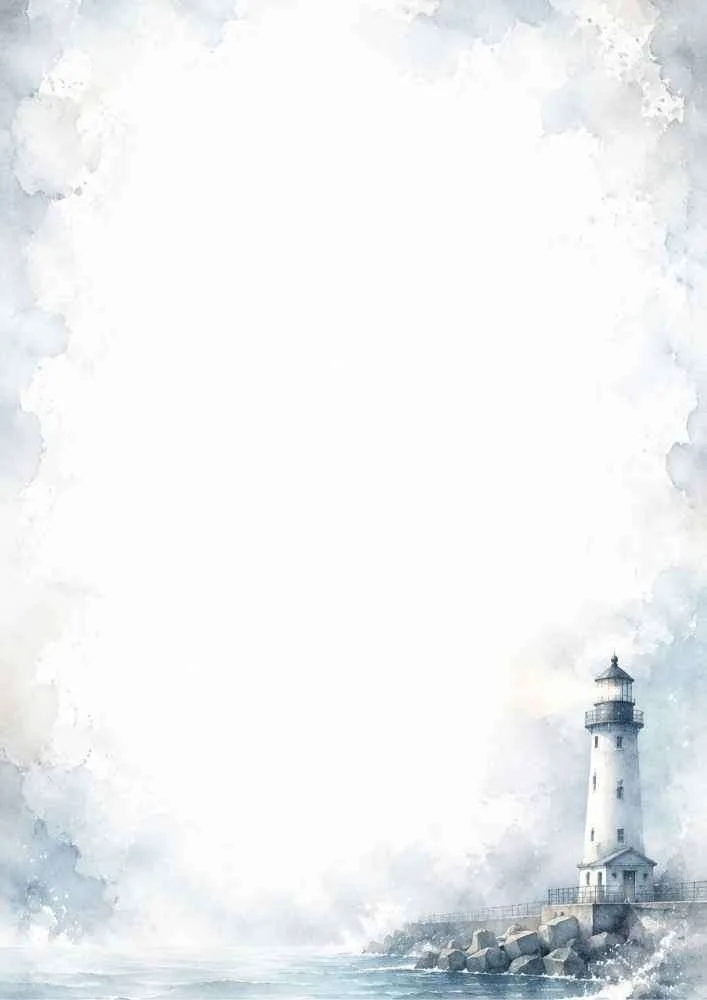 Watercolor border with lighthouse, sea, rocks, and blank center.