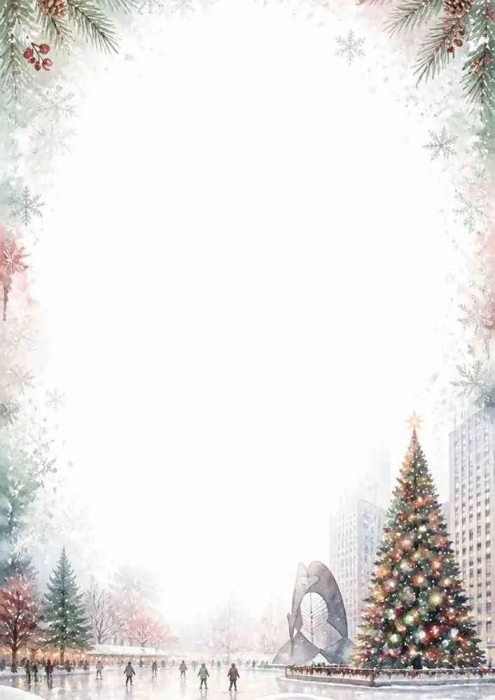 Watercolor border with Christmas tree, ice skaters, and city scene.