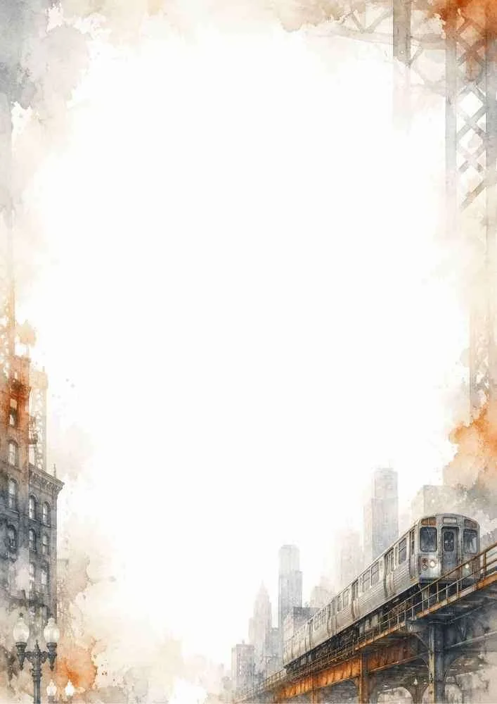 Watercolor border with elevated train, tracks, and skyline.