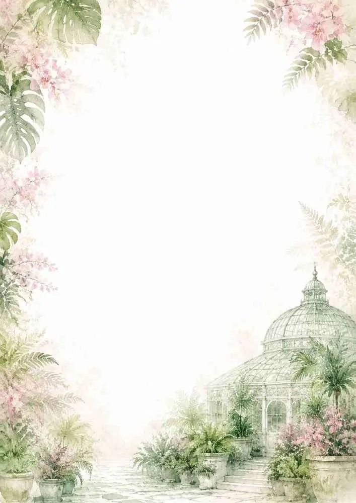 Watercolor border with glass conservatory, plants, and flowers.
