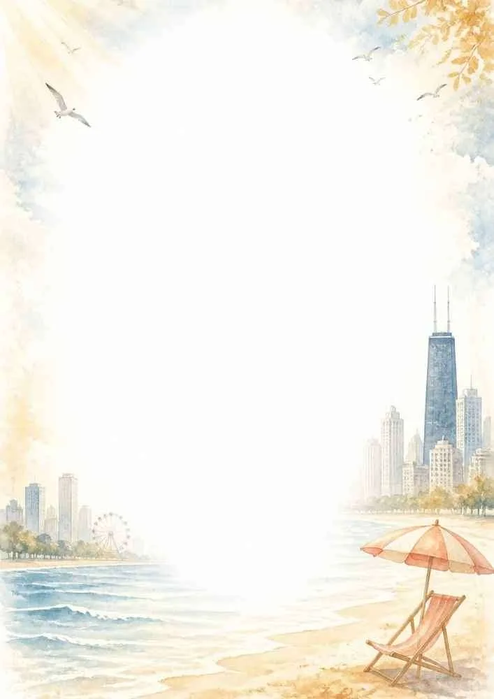 Watercolor border with beach chair, umbrella, lake, and skyline.