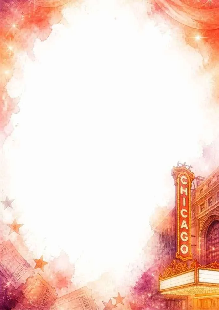 Watercolor border with Chicago Theatre sign, stars, and blank center.