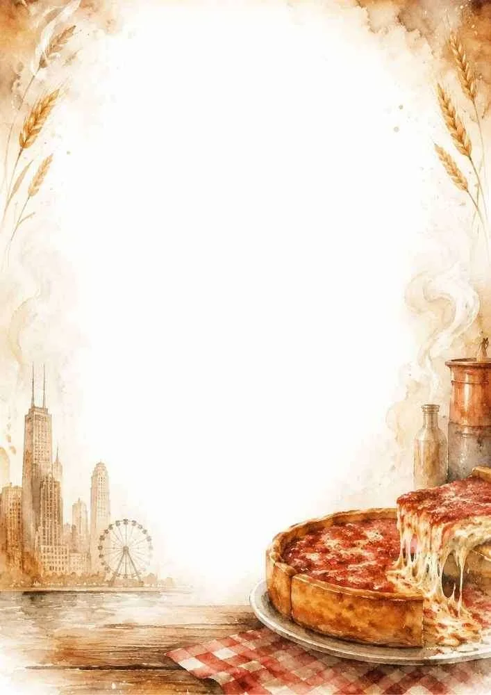 Watercolor border with deep dish pizza, skyline, and blank center.