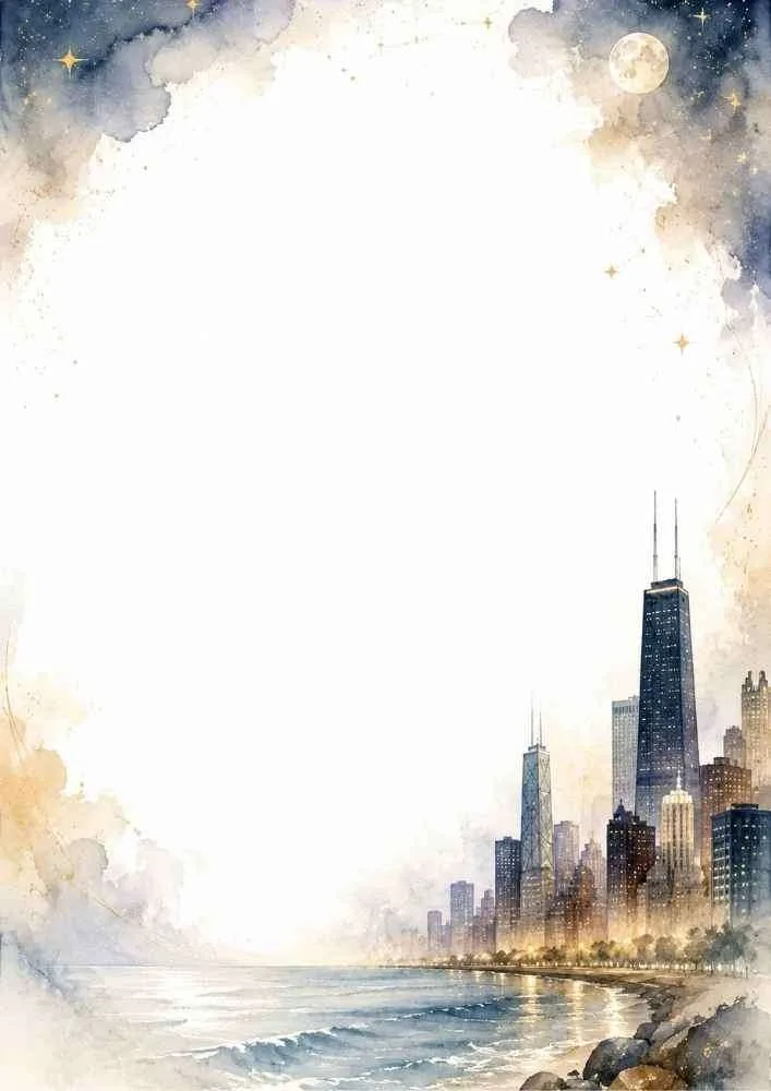 Watercolor border with Chicago skyline, lake, moon, and blank center.