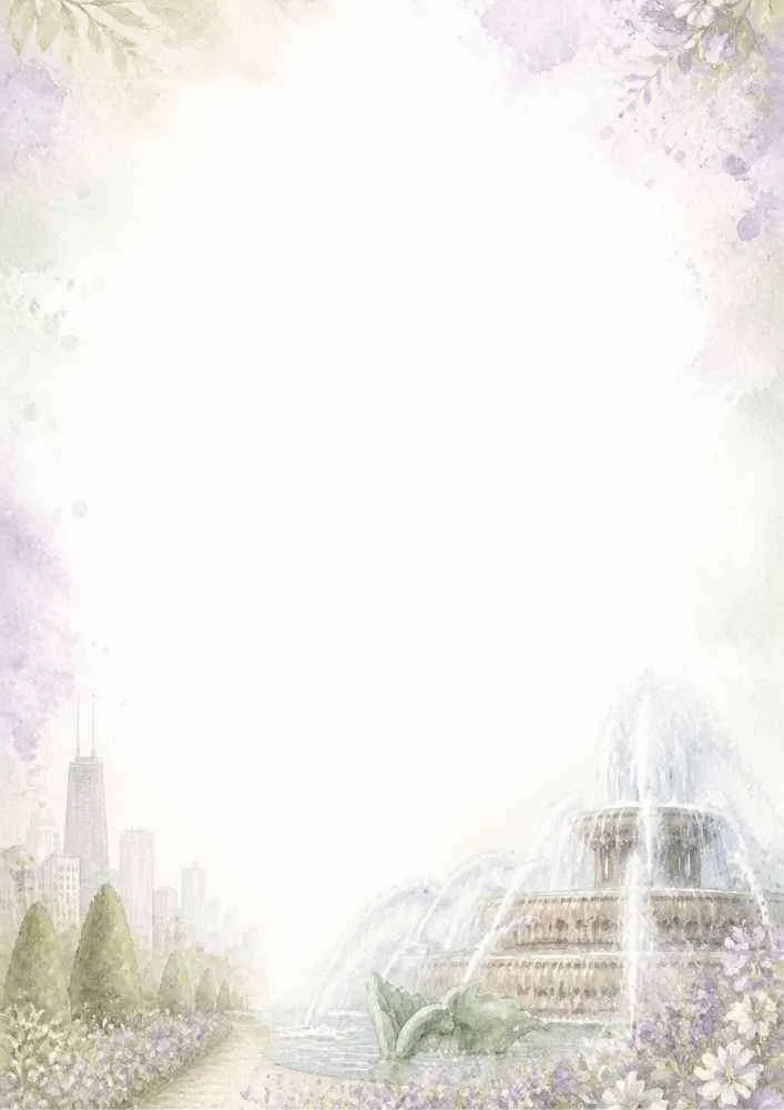 Watercolor border with fountain, flowers, garden, and city skyline.