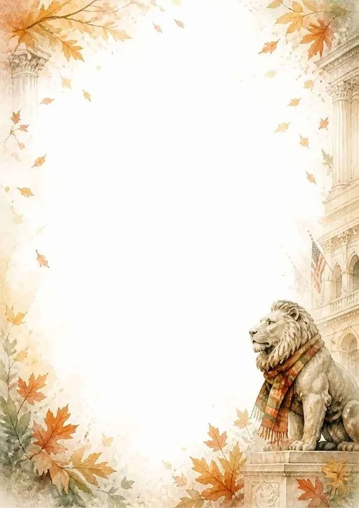 Watercolor border with lion statue, autumn leaves, and city building.