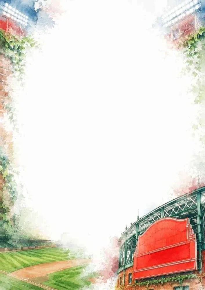 Watercolor border with baseball stadium, scoreboard, and field.