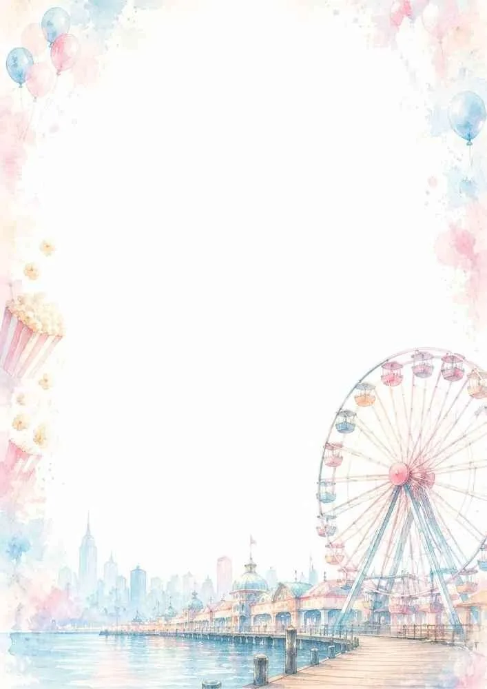 Watercolor border with Ferris wheel, pier, balloons, and skyline.