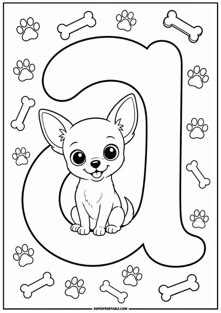 Lowercase letter a with a smiling Chihuahua, paw prints, and dog bones.