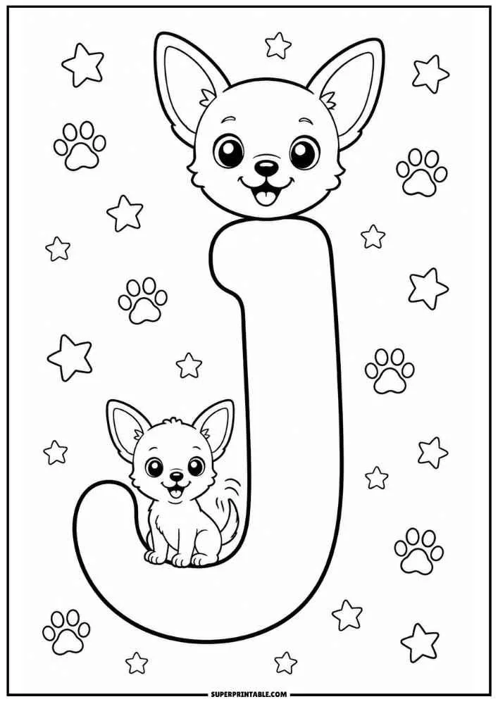 Lowercase letter j with two Chihuahuas, stars, and paw prints.