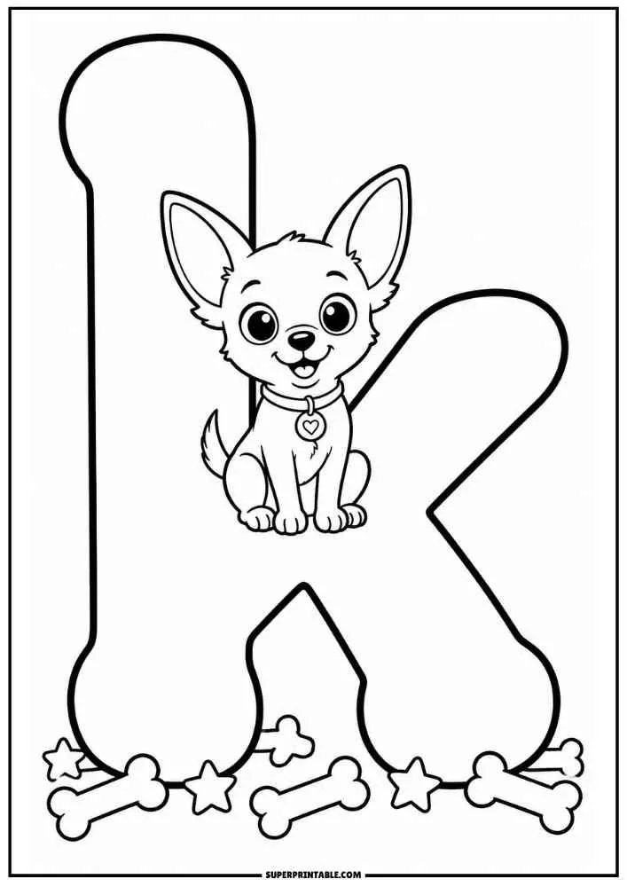 Lowercase letter k with a Chihuahua, stars, and dog bones.