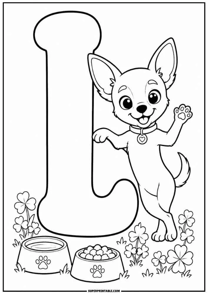 Lowercase letter l with a Chihuahua, flowers, and pet bowls.