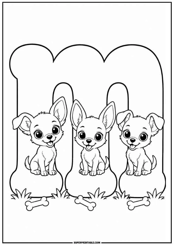 Lowercase letter m with three puppies and dog bones.