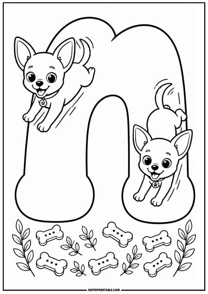 Lowercase letter n with two Chihuahuas, leaves, and bones.