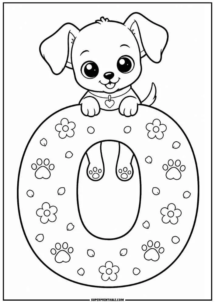Lowercase letter o with a puppy, flowers, and paw prints.