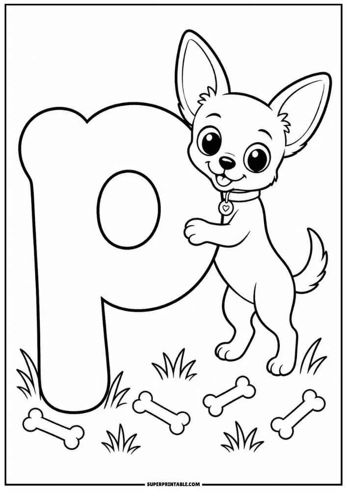 Lowercase letter p with a standing Chihuahua and dog bones.