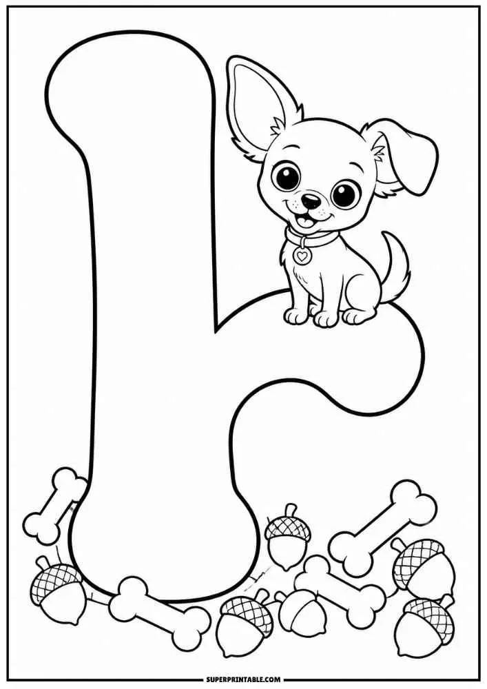 Lowercase letter r with a puppy, acorns, and dog bones.