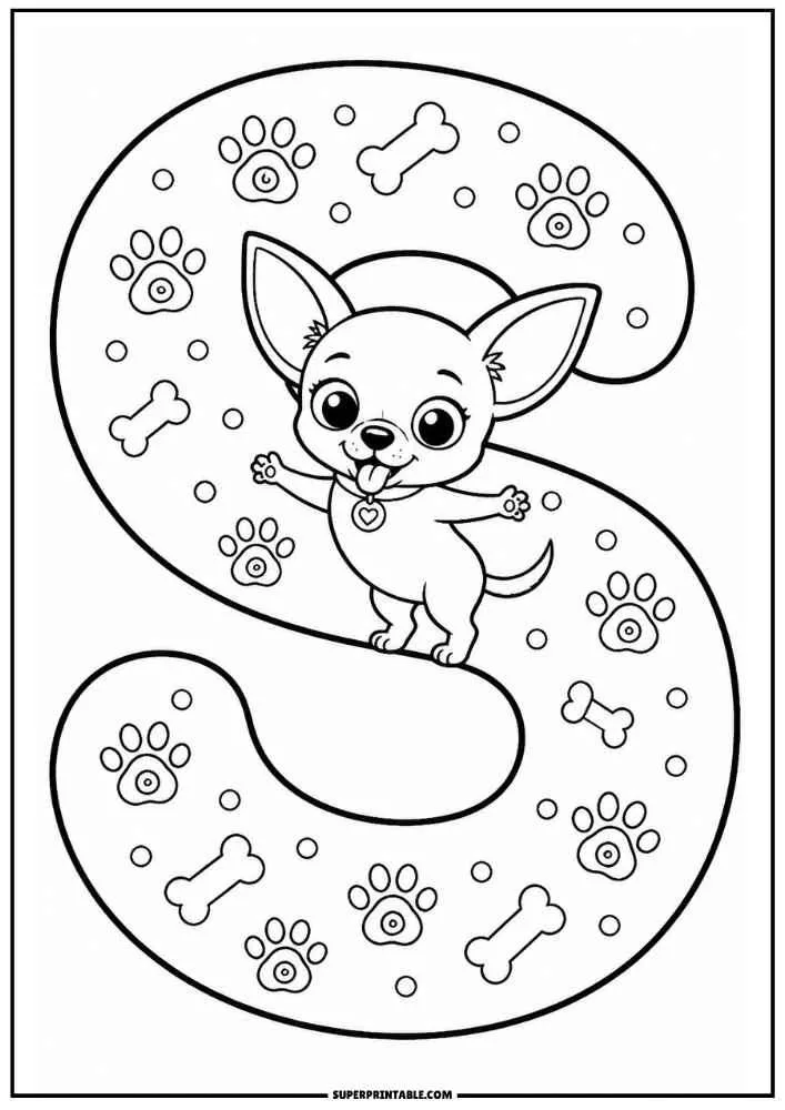 Lowercase letter s with a Chihuahua, paw prints, and bones.