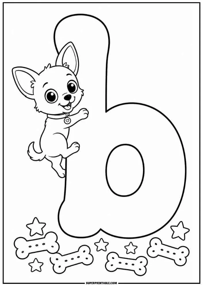 Lowercase letter b with a climbing Chihuahua, stars, and dog bones.