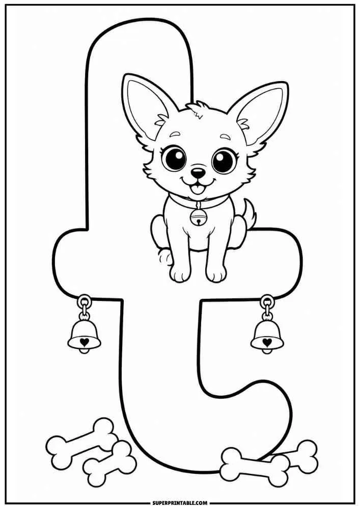 Lowercase letter t with a Chihuahua, bells, and dog bones.