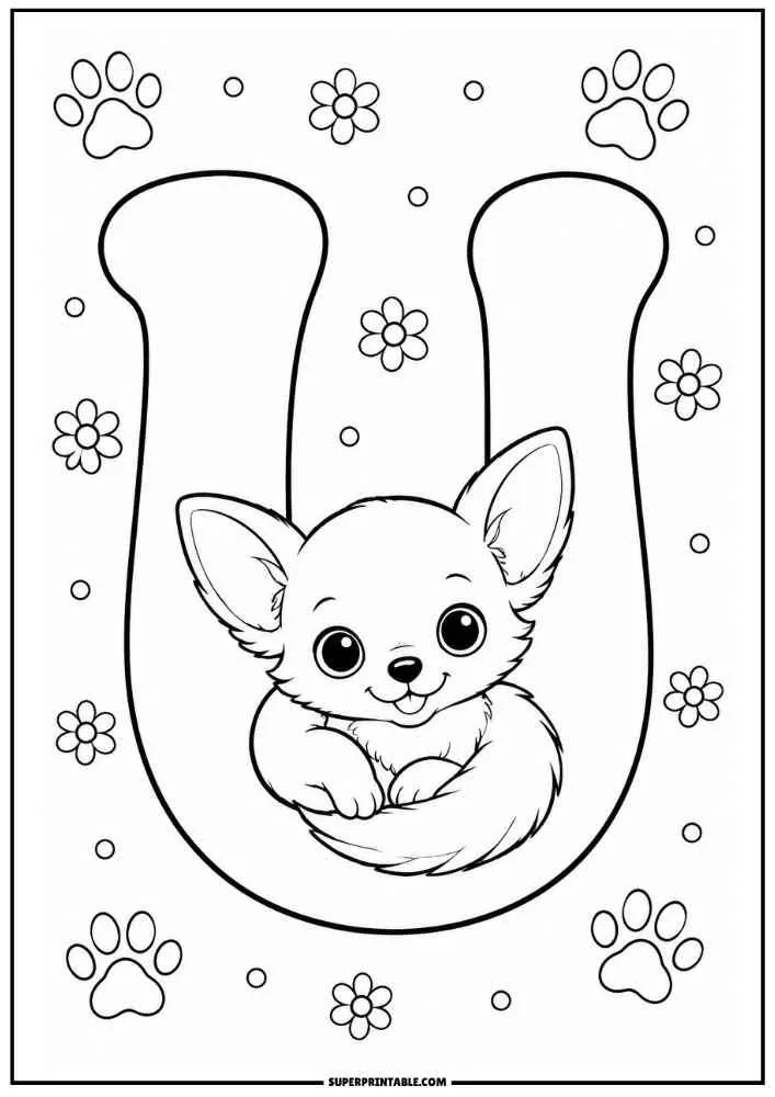 Lowercase letter u with a curled Chihuahua, flowers, and paw prints.