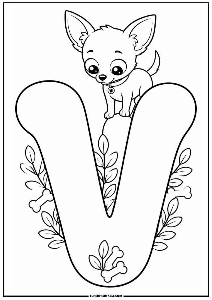 Lowercase letter v with a Chihuahua, leafy vines, and dog bones.