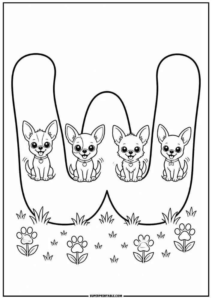 Lowercase letter w with four Chihuahua puppies, grass, and paw print flowers.