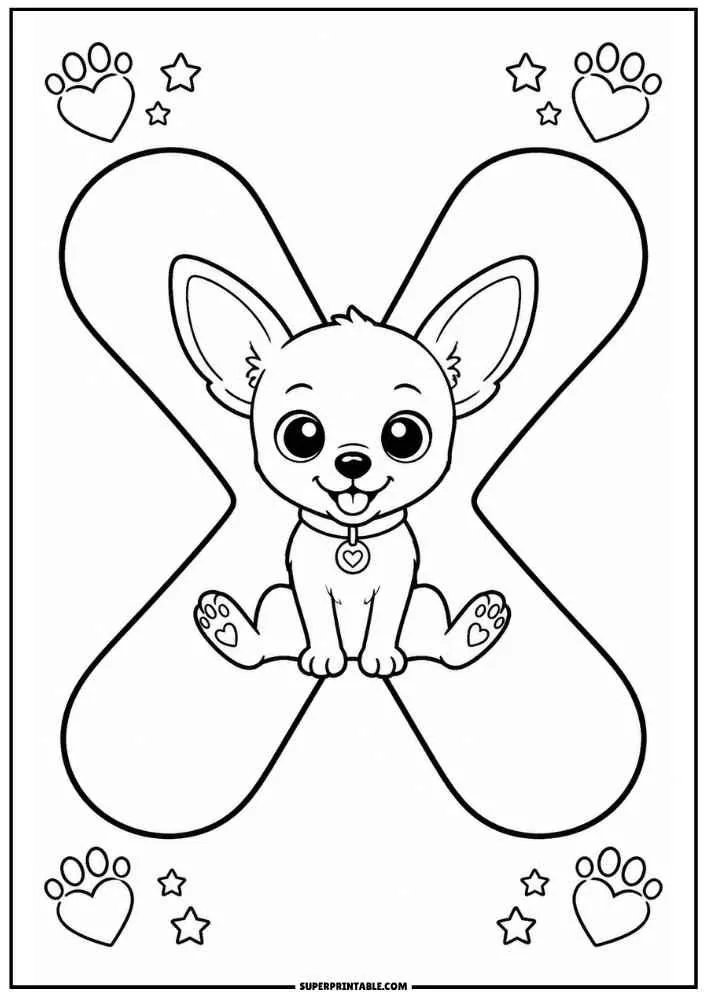 Lowercase letter x with a Chihuahua, hearts, stars, and paw prints.