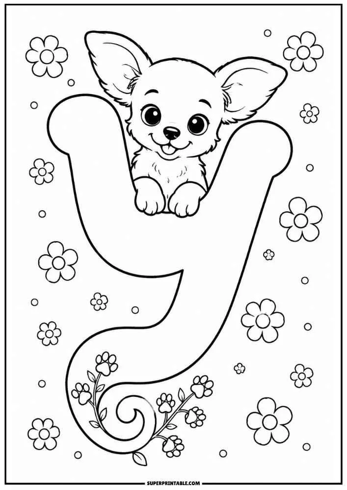 Lowercase letter y with a Chihuahua and flowers.