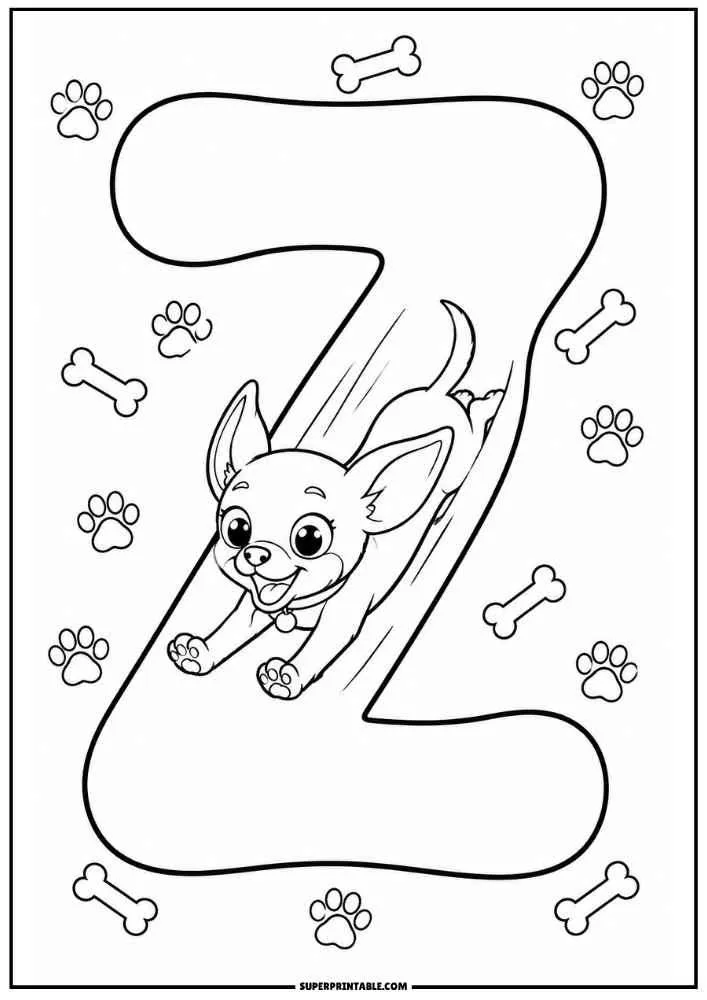 Lowercase letter z with a sliding Chihuahua, paw prints, and dog bones.