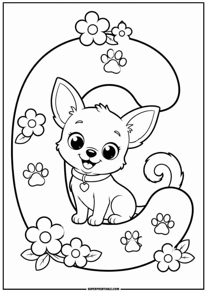 Lowercase letter c with a Chihuahua, flowers, and paw prints.