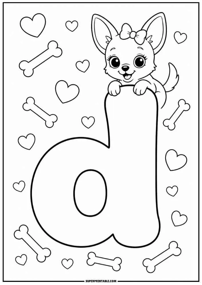 Lowercase letter d with a Chihuahua, hearts, and dog bones.