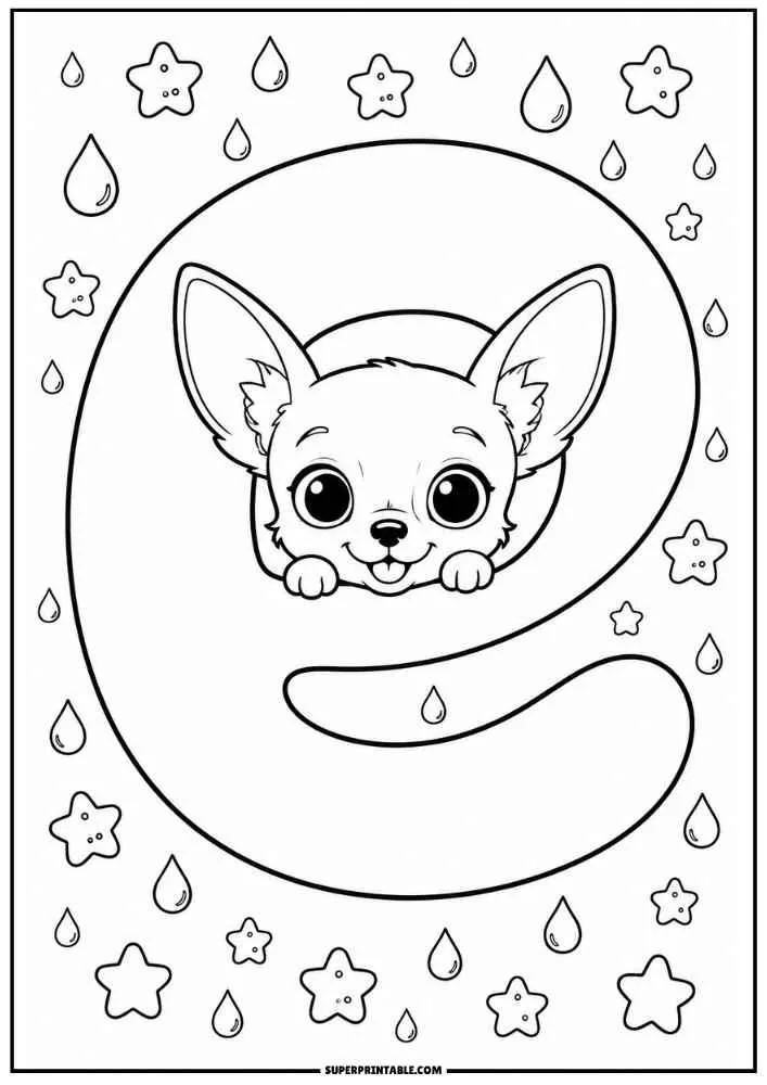 Lowercase letter e with a Chihuahua, stars, and water drops.