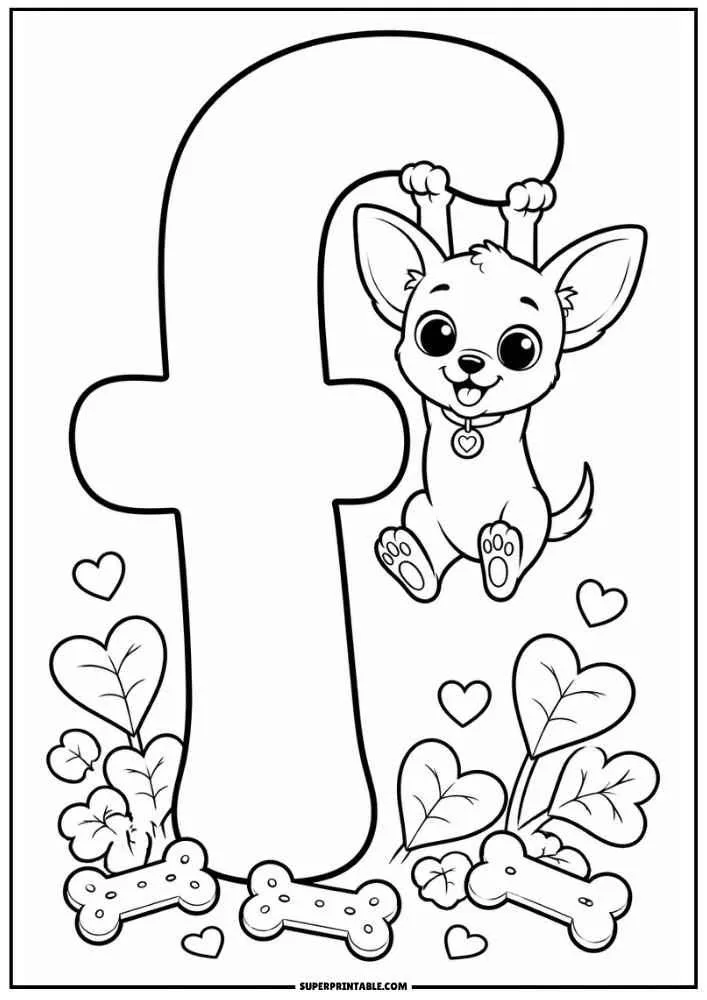 Lowercase letter f with a hanging Chihuahua, hearts, and bones.