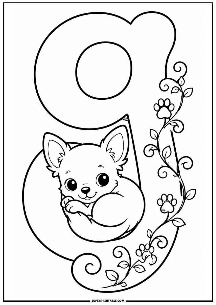 Lowercase letter g with a curled Chihuahua, vines, and flowers.