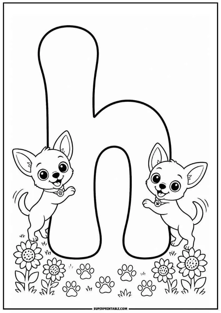 Lowercase letter h with two Chihuahuas, flowers, and paw prints.