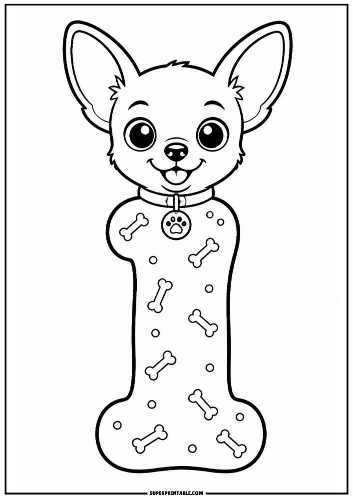 Lowercase letter i bone with a Chihuahua head and small bones.