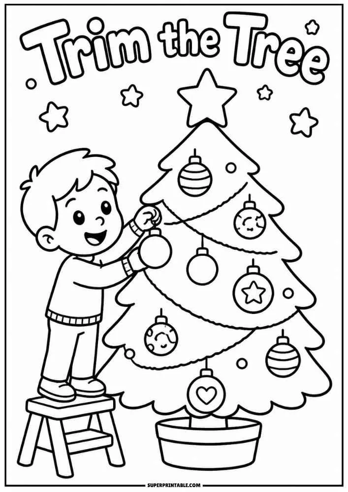 Child decorating a Christmas tree with ornaments and a star. Text says Trim the Tree.