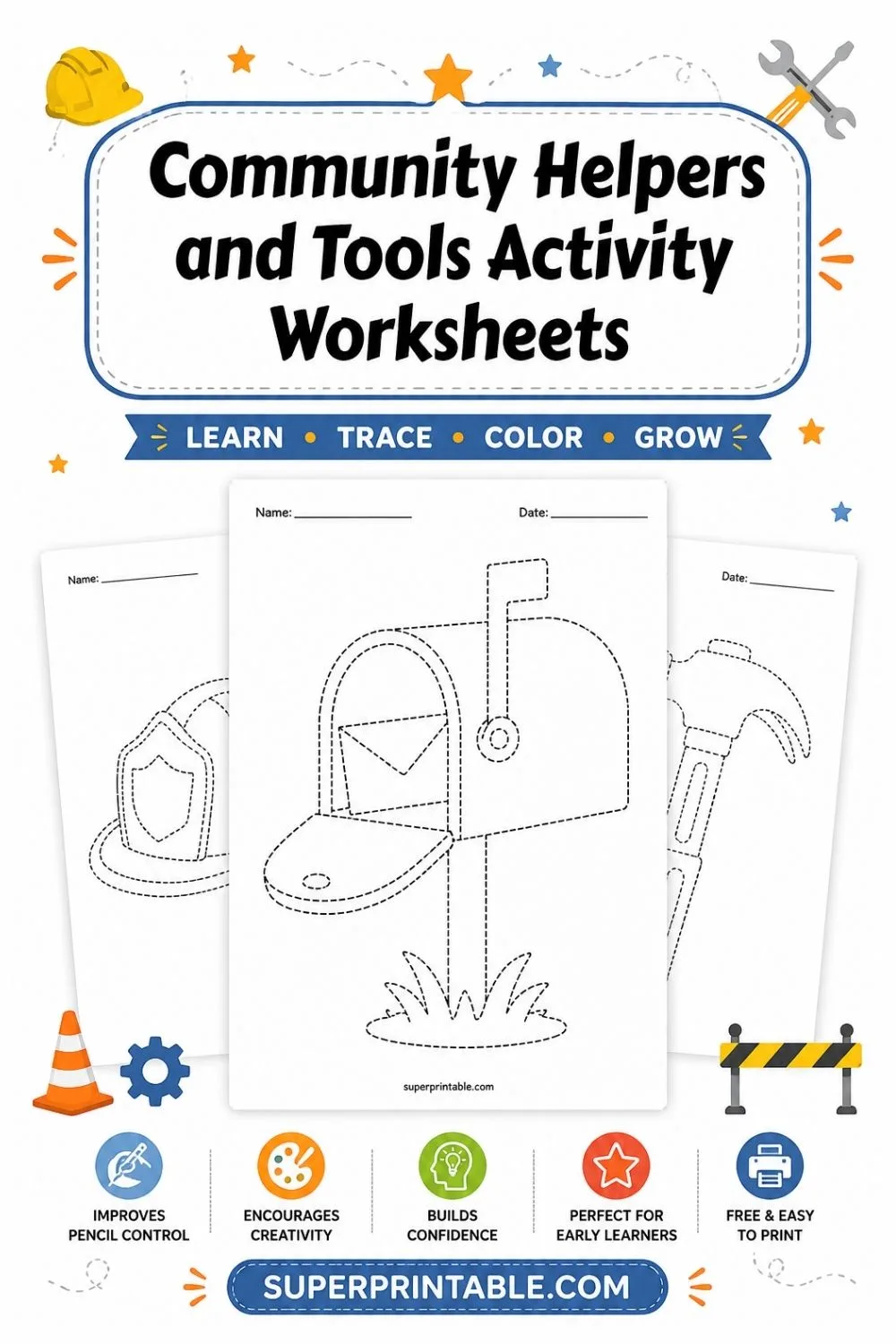 Community Helpers and Tools Activity Worksheets Pinterest Image